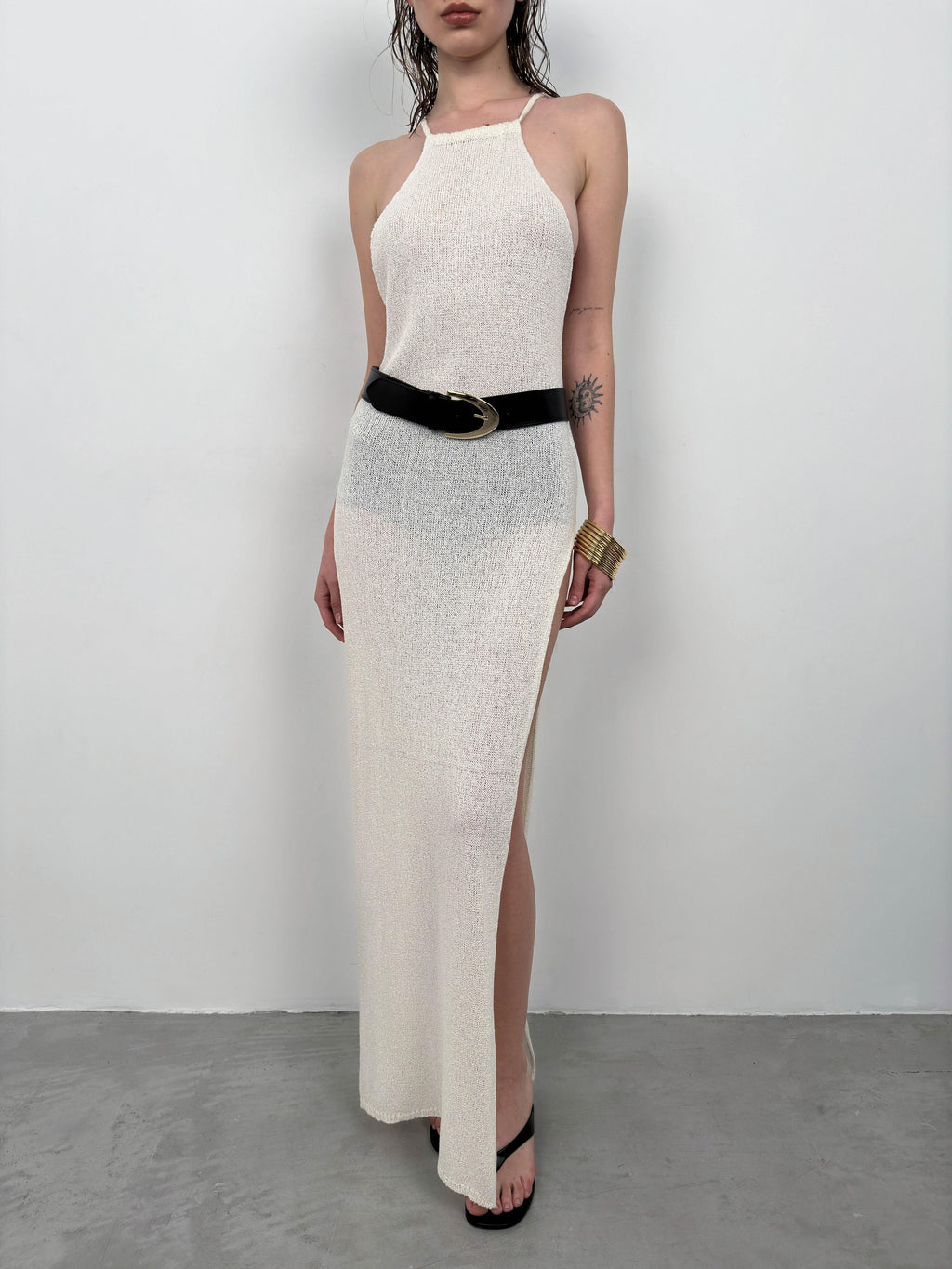 Double Slit Textured Ecru Maxi Pareo