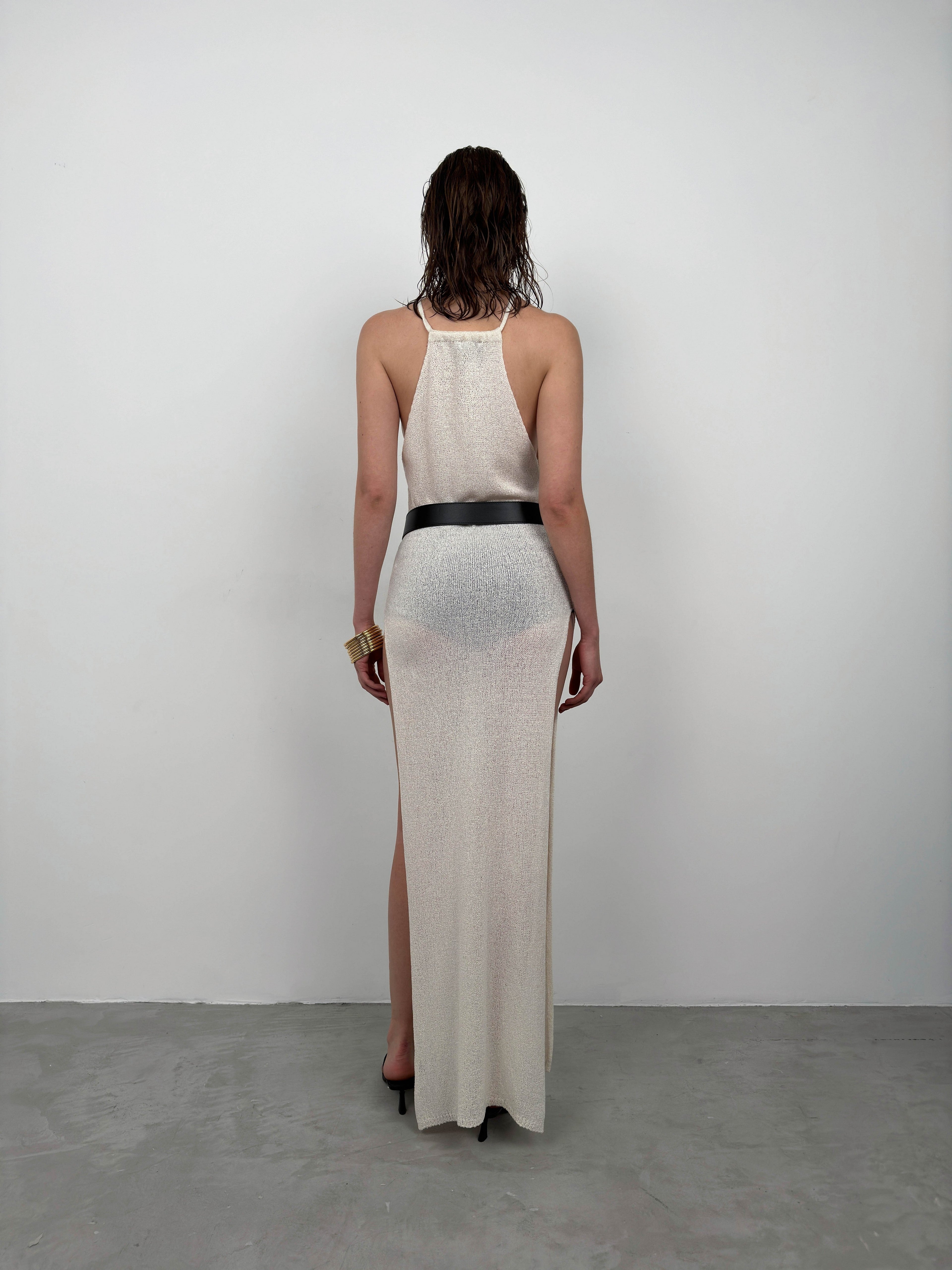 Double Slit Textured Ecru Maxi Pareo