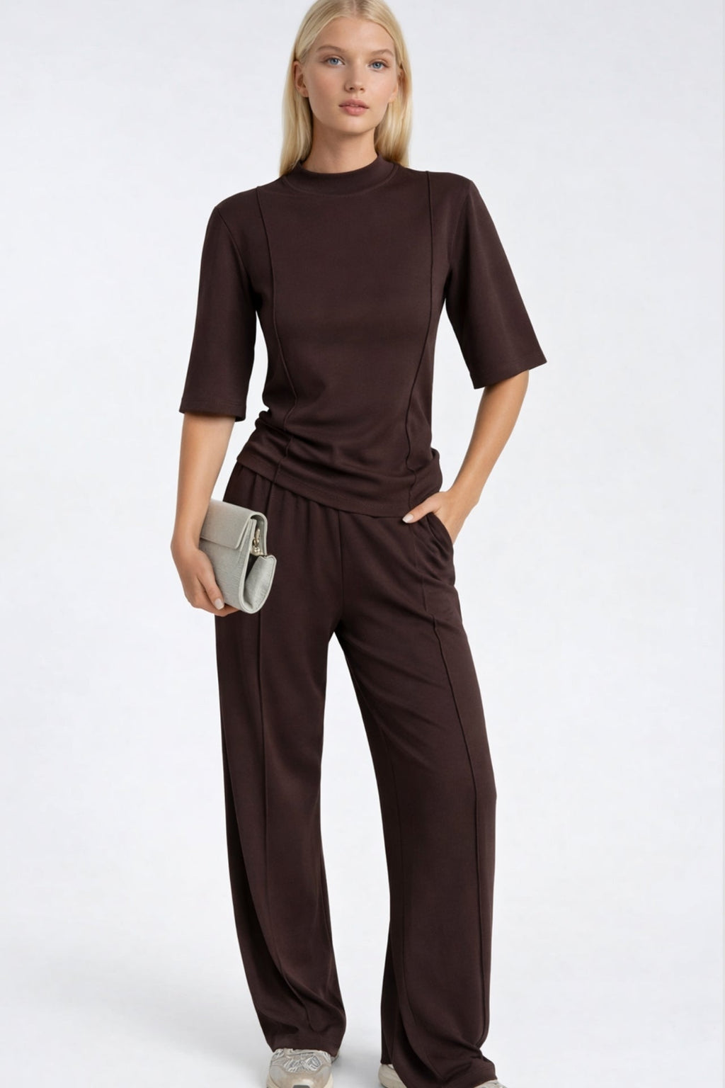 Topstitch Detail T-Shirt Tracksuit Two-piece Brown Set