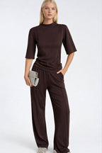 Topstitch Detail T-Shirt Tracksuit Two-piece Brown Set