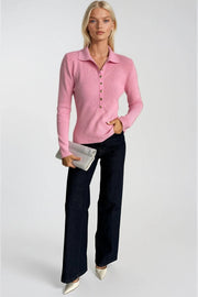 Snap Detail Polo Neck Pink Knit Blouse