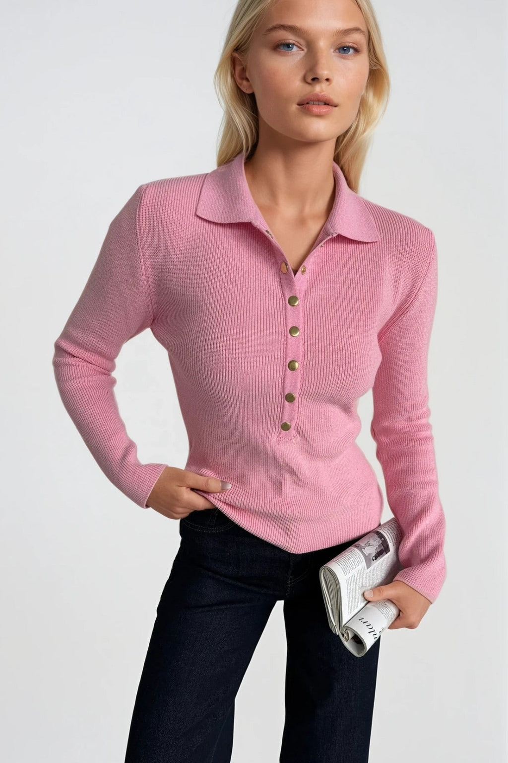 Snap Detail Polo Collar Pink Knit Blouse