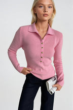 Snap Detail Polo Collar Pink Knit Blouse