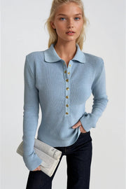 Snap Detail Polo Neck Blue Knit Blouse