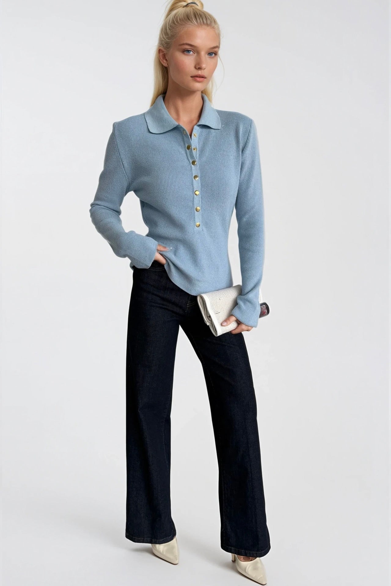 Snap Detail Polo Collar Blue Knit Blouse
