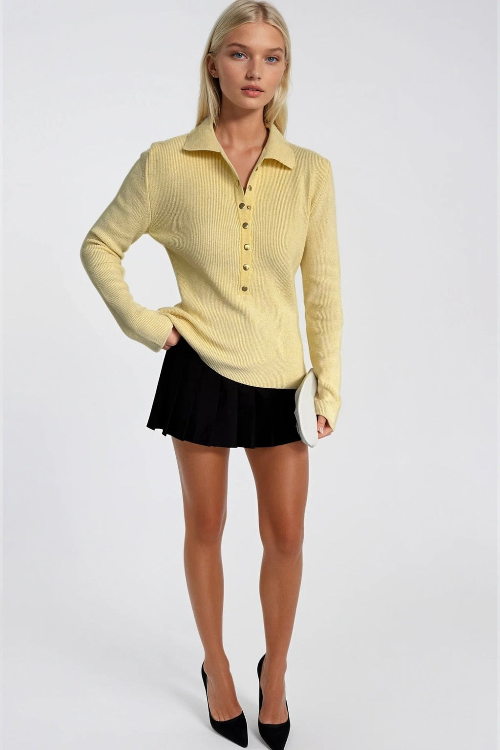 Snap Detail Polo Collar Yellow Knit Blouse