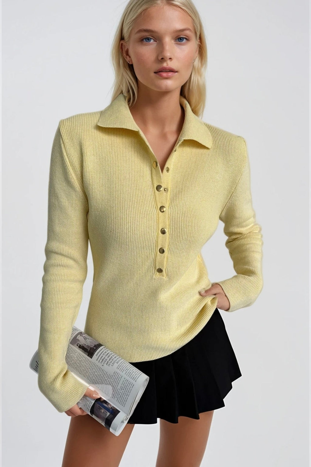 Snap Detail Polo Collar Yellow Knit Blouse