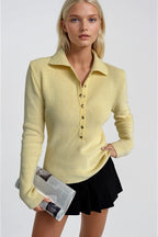 Snap Detail Polo Collar Yellow Knit Blouse
