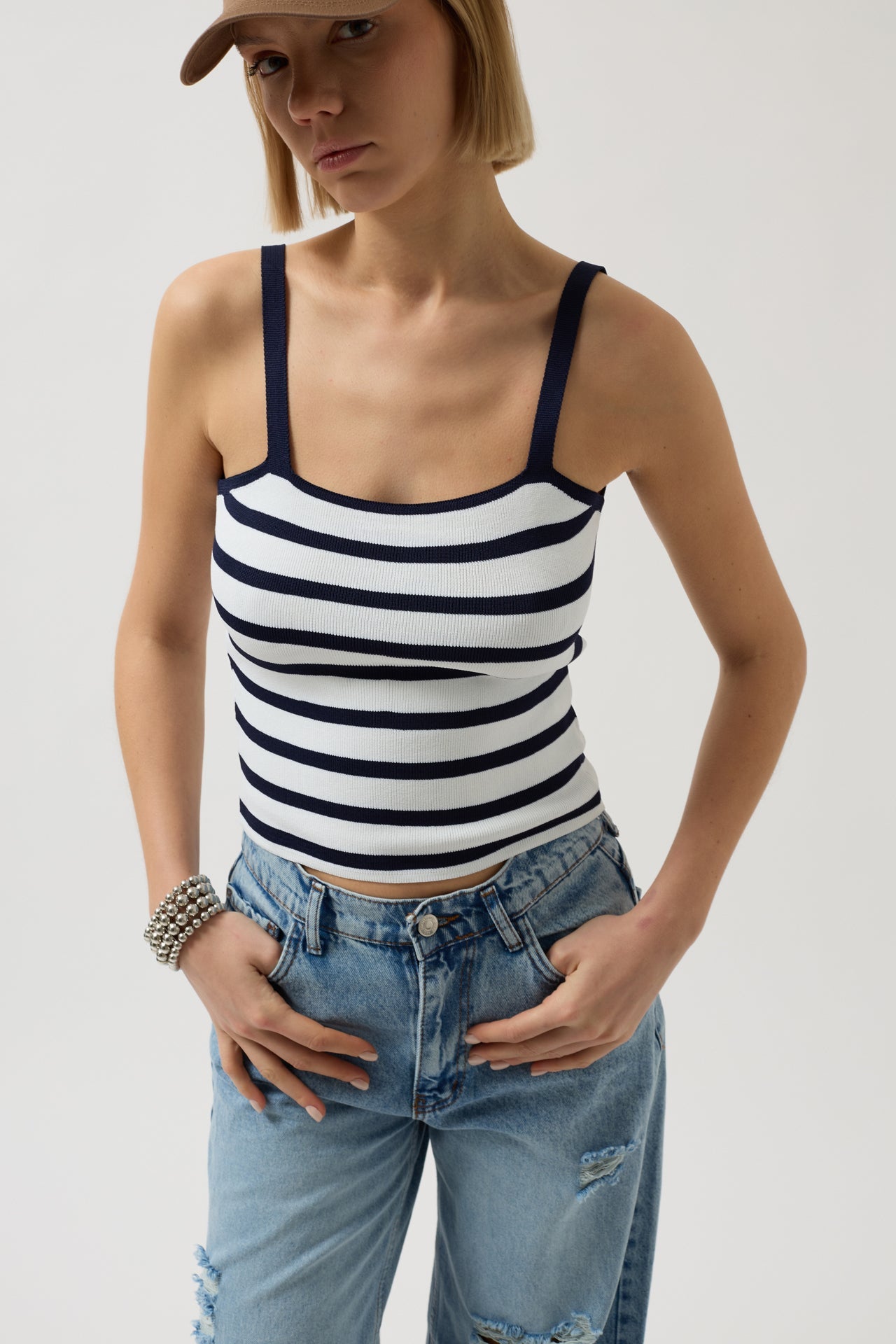 Striped Strappy White-Navy Blouse