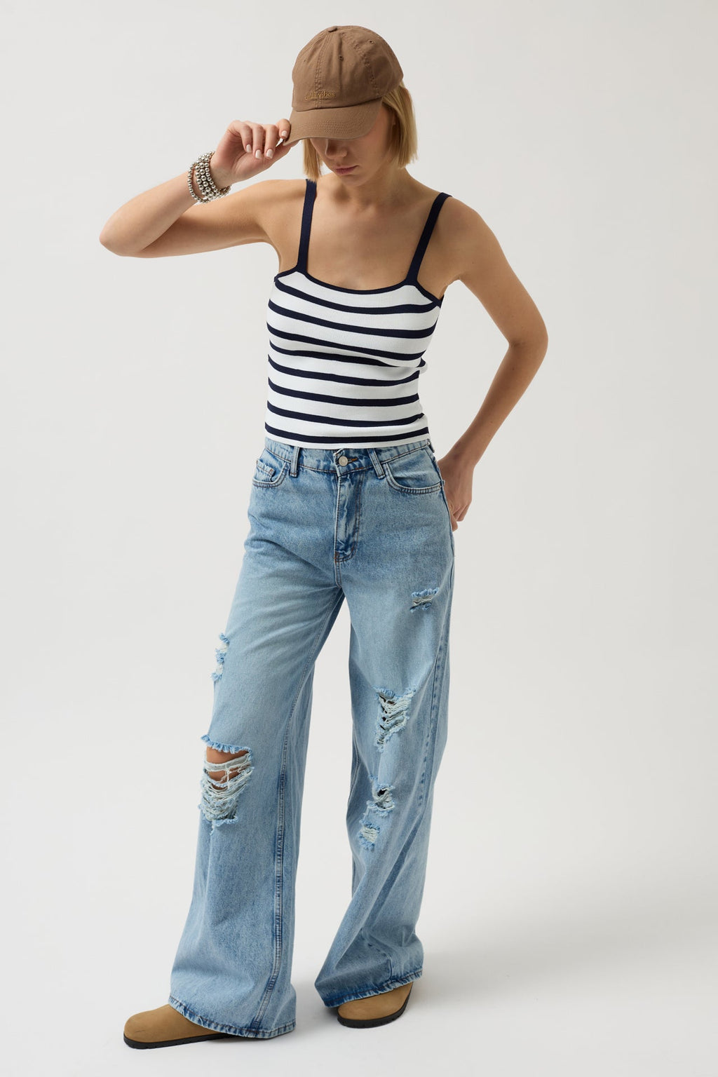 Striped Strappy White-Navy Blouse