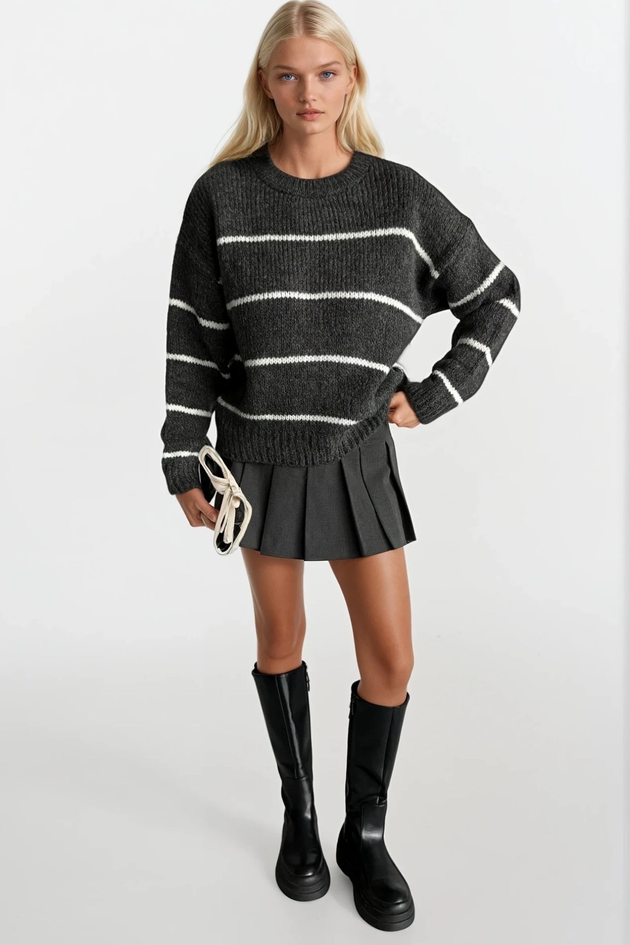 Striped Basic Anthracite Knit Sweater