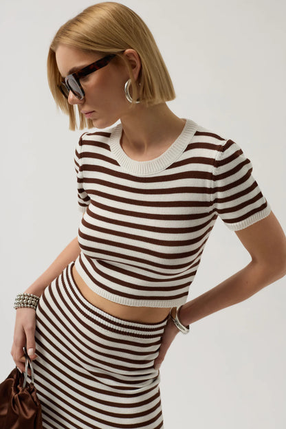 Knit Detail Striped Crop White Brown Blouse