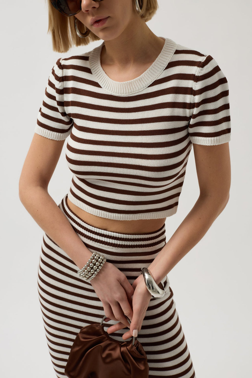 Striped Crew Neck White Brown Crop