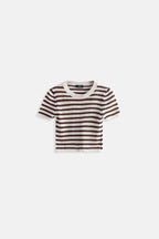 Striped Crew Neck White Brown Crop