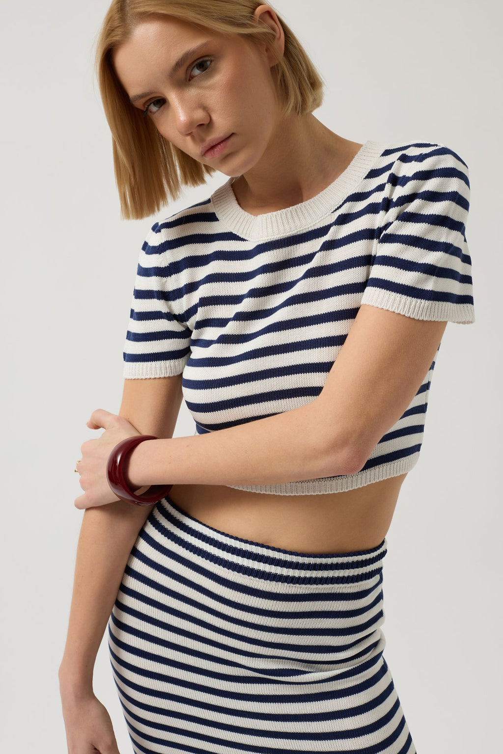 Striped Crew Neck White Navy Crop