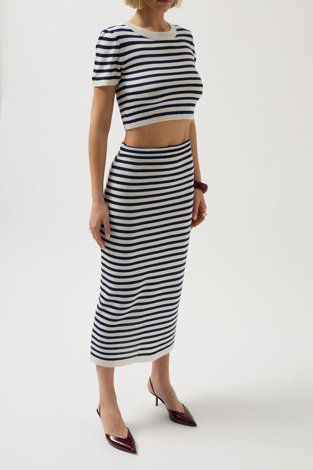 Striped Crew Neck White Navy Crop