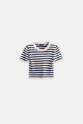 Striped Crew Neck White Navy Crop