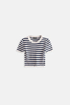 Striped Crew Neck White Navy Crop