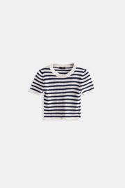 Striped Crew Neck White Navy Blue Crop