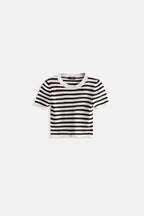 Striped Crew Neck White Black Crop