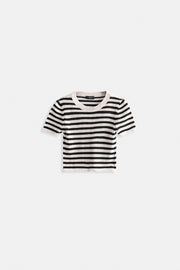 Striped Crew Neck White Black Crop