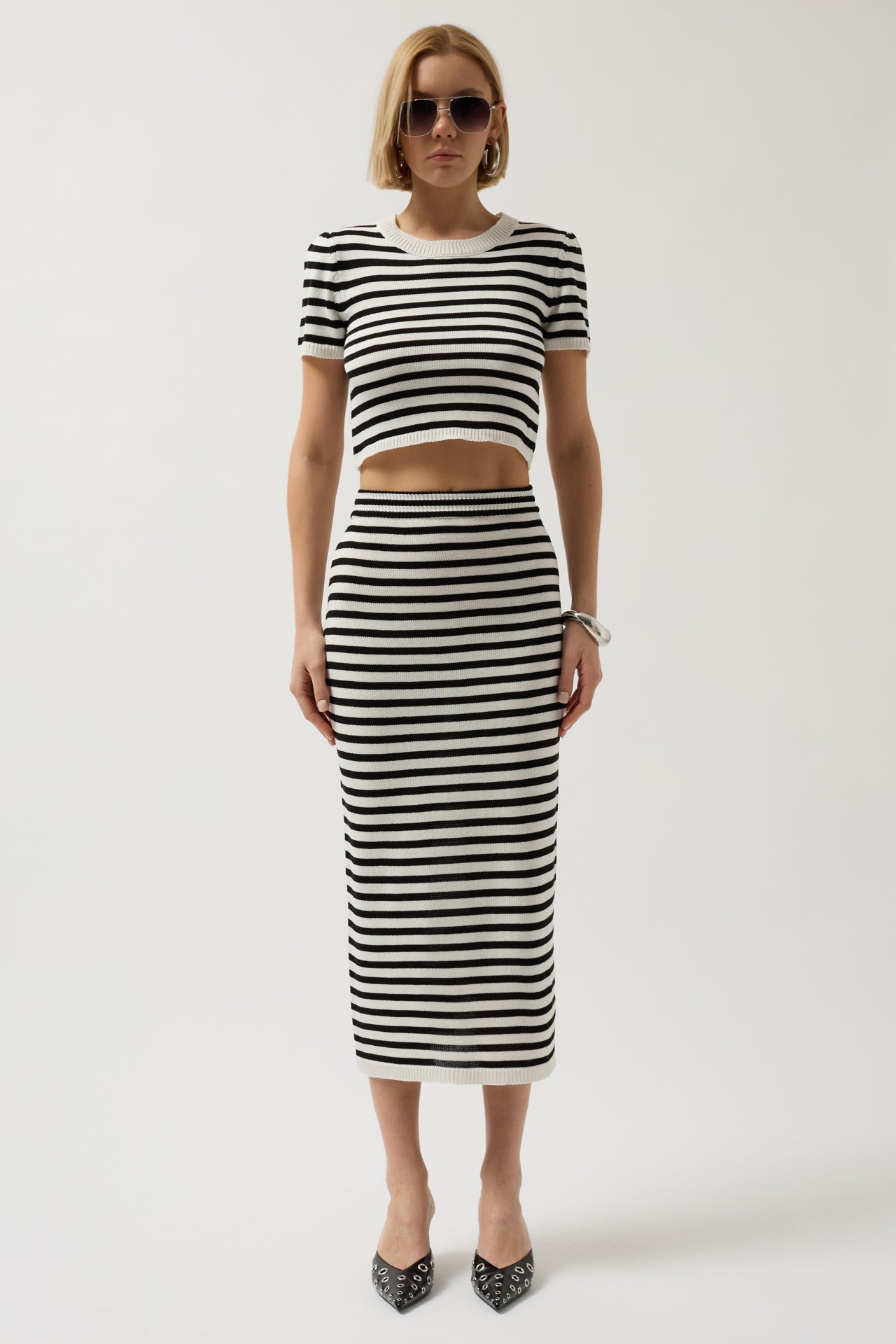 Striped Crew Neck White Black Crop