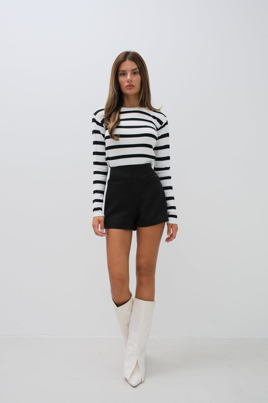 Striped Crew Neck White Knit Blouse