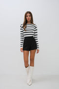 Striped Crew Neck White Knit Blouse
