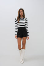 Striped Crew Neck White Knit Blouse