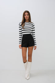 Striped Crew Neck White Knit Blouse