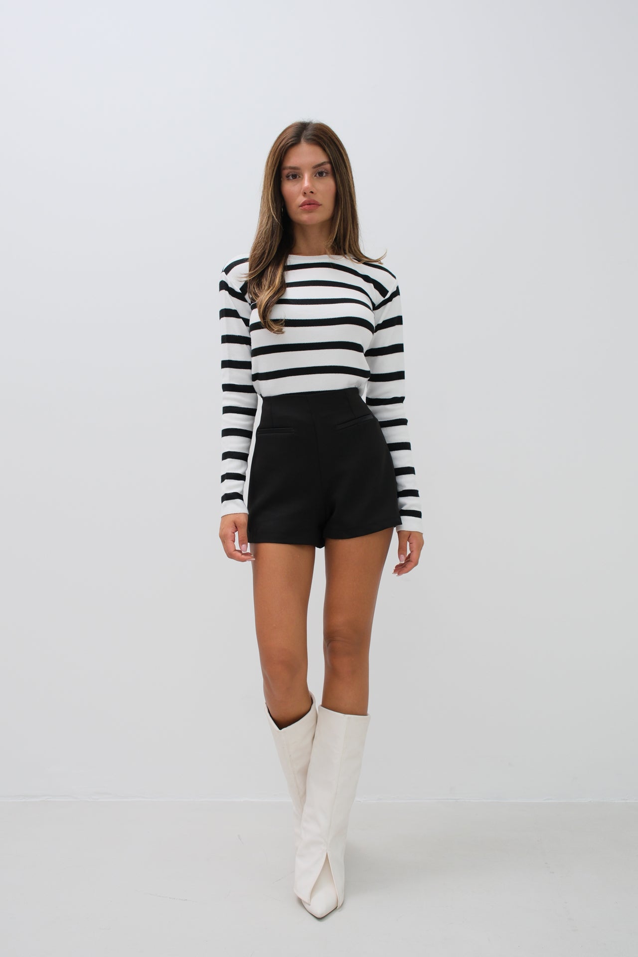 Striped Crew Neck White Knit Blouse
