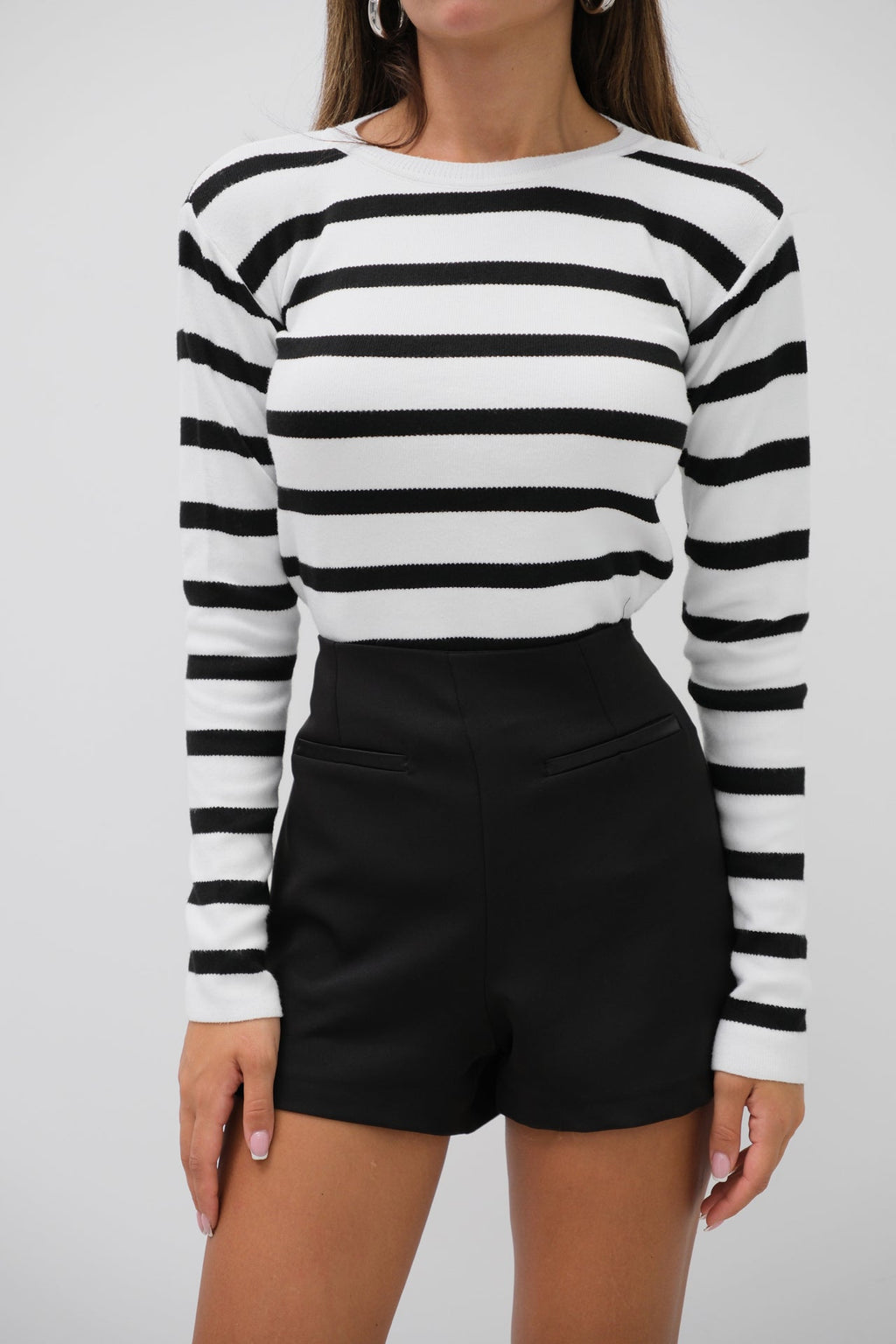 Striped Crew Neck White Knit Blouse
