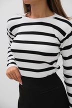 Striped Crew Neck White Knit Blouse