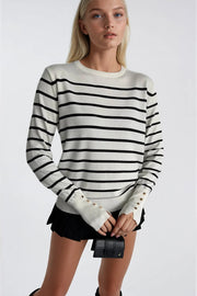 Striped Crew Neck Button Detail White Knit Blouse