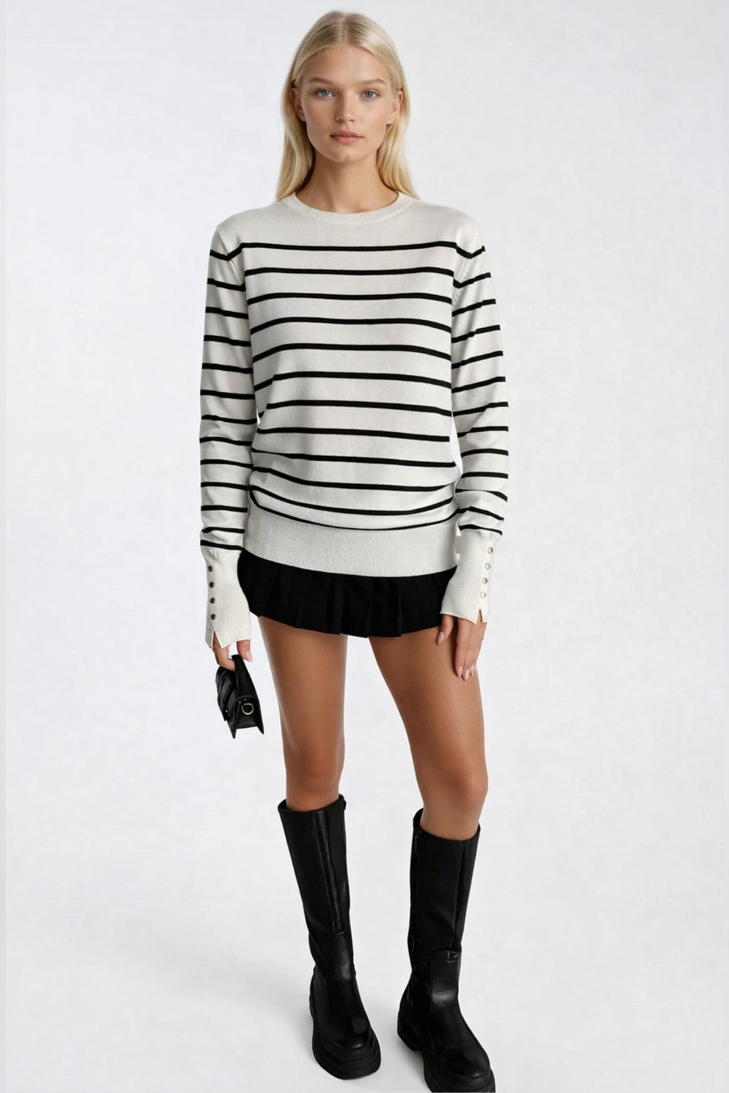 Striped Crew Neck Button Detail White Knit Blouse