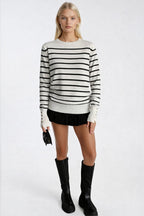Striped Crew Neck Button Detail White Knit Blouse