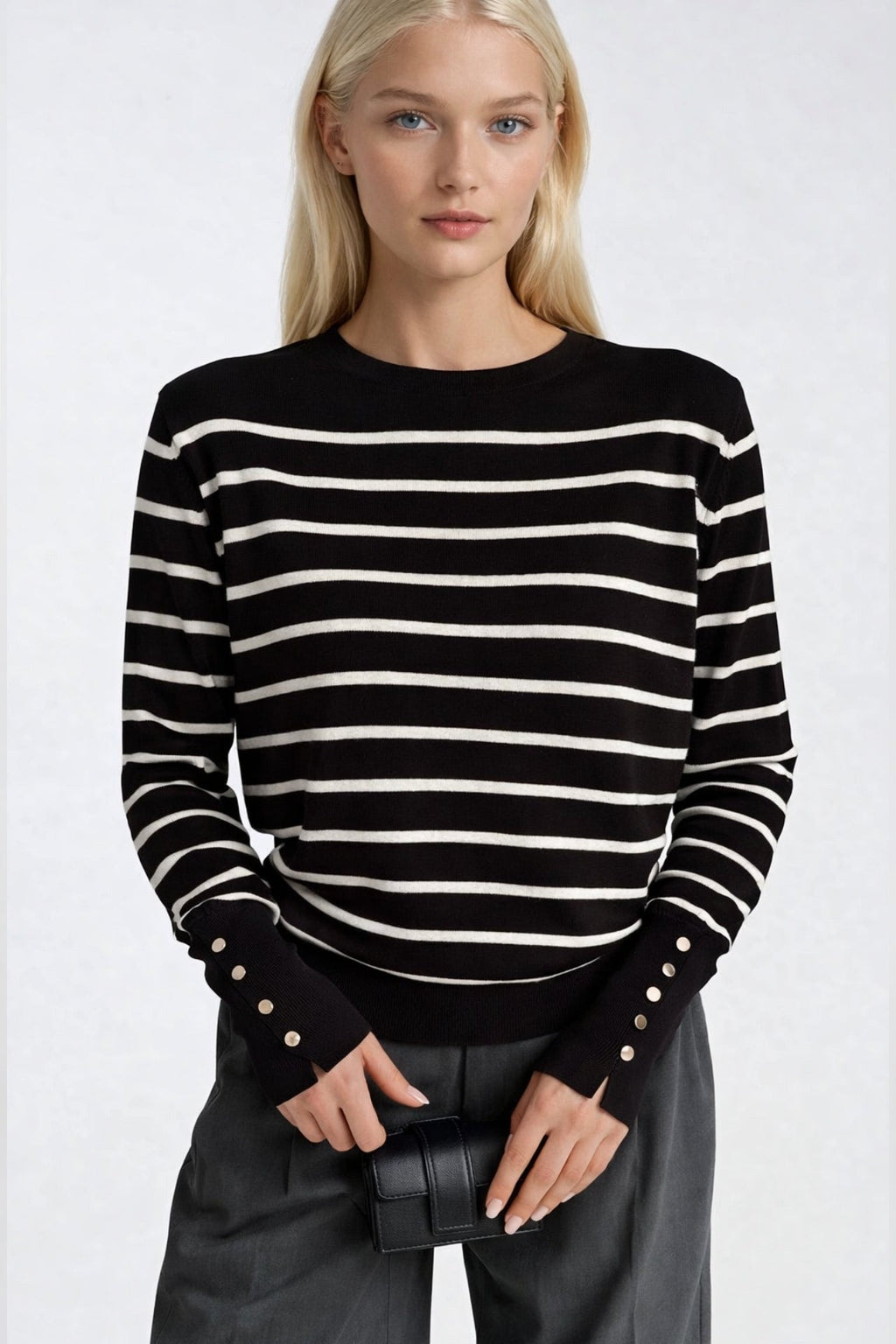 Striped Crew Neck Button Detail Black Knit Blouse