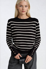 Striped Bicycle Collar Button Detail Black Knit Blouse