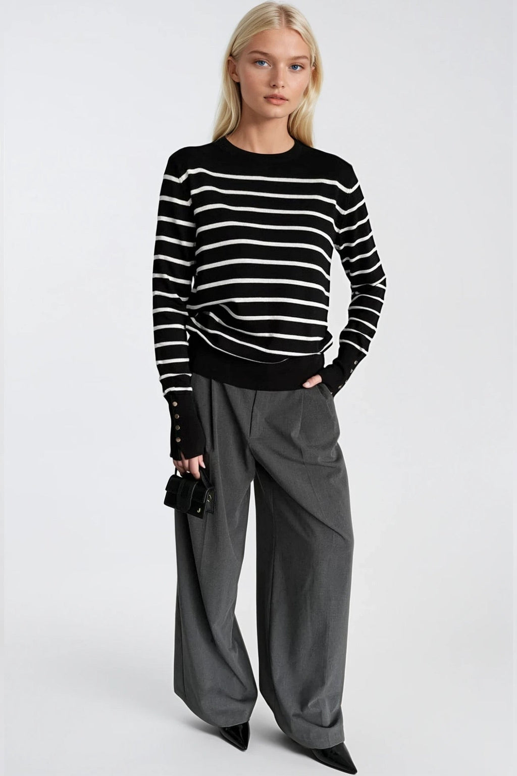 Striped Crew Neck Button Detail Black Knit Blouse