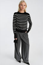 Striped Crew Neck Button Detail Black Knit Blouse