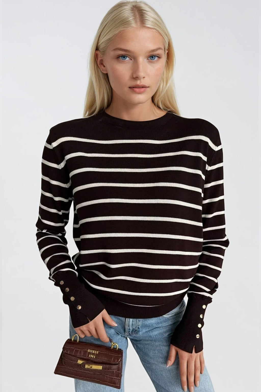 Striped Crew Neck Button Detail Brown Knit Blouse