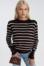 Striped Crew Neck Button Detail Brown Knit Blouse