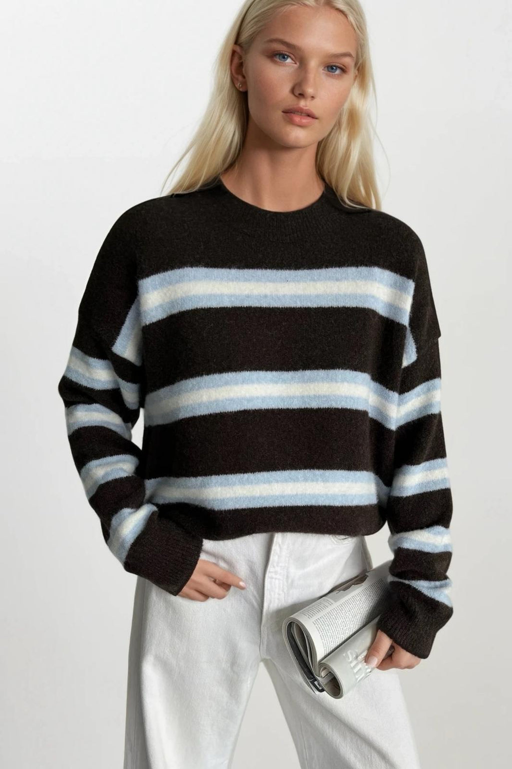 Striped Crew Neck Oversize Knit Brown Sweatshirts