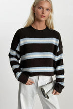 Striped Crew Neck Oversize Knit Brown Sweatshirts