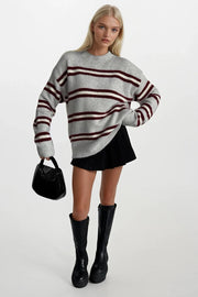 Striped Crew Neck Oversized Knit Gray Sweater