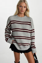 Striped Crew Neck Oversize Knit Gray Sweatshirts