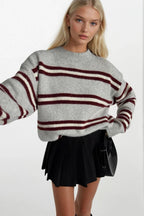 Striped Crew Neck Oversize Knit Gray Sweatshirts