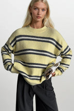 Striped Crew Neck Oversize Knit Yellow Sweater