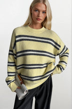 Striped Crew Neck Oversize Knit Yellow Sweater