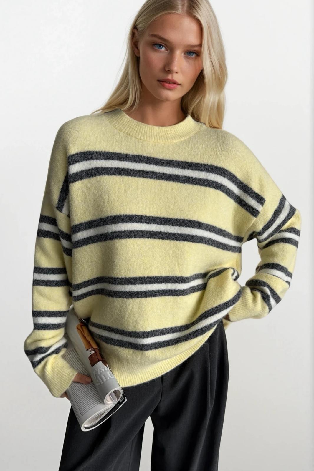 Striped Crew Neck Oversize Knit Yellow Sweater